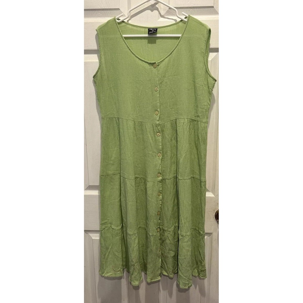 Argee Womens Green Cotton Gauze Tiered Button Front Sleeveless Midi Dress Size M